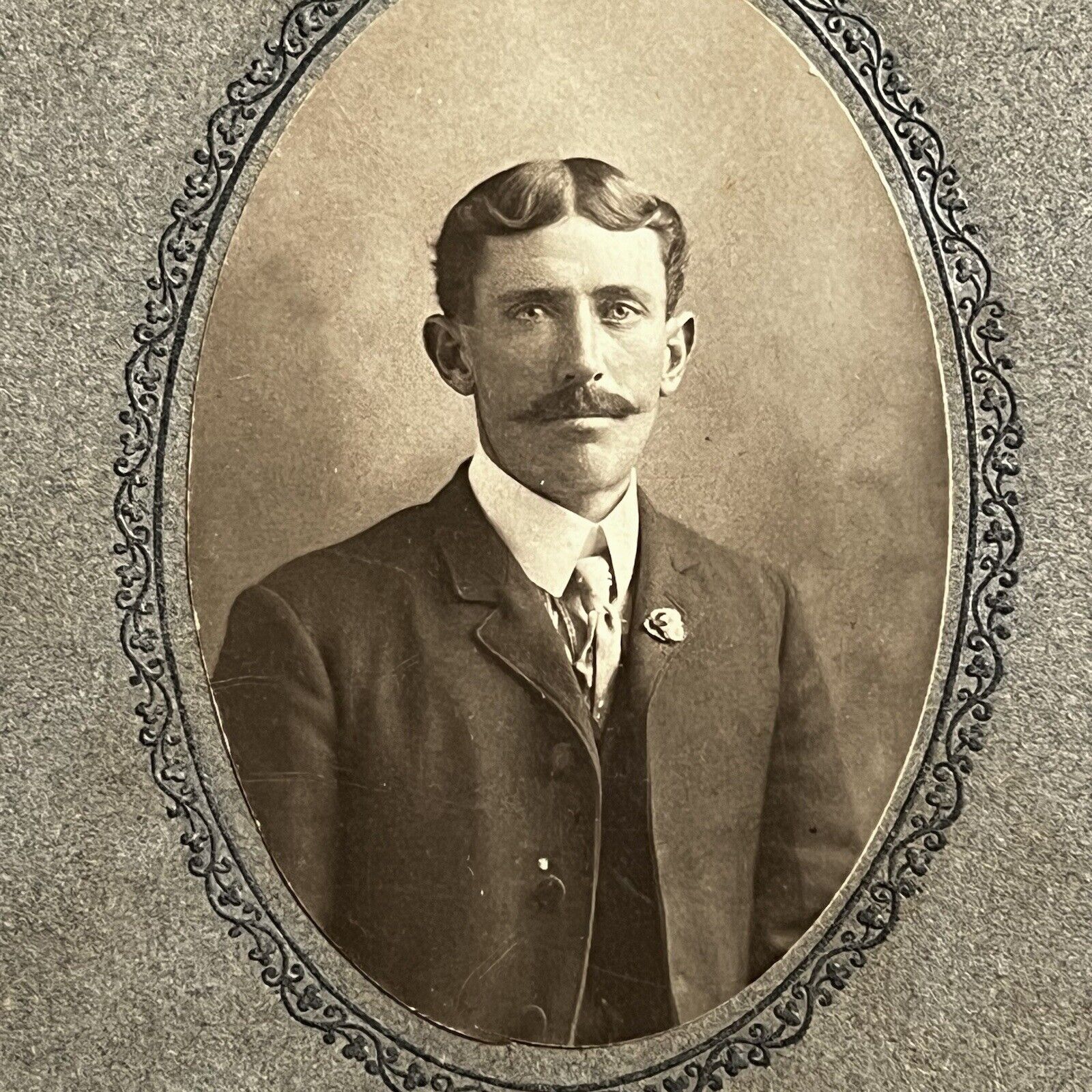Antique Cabinet Card Photograph Handsome Man Mustache Great Hair Suit Tie Pin