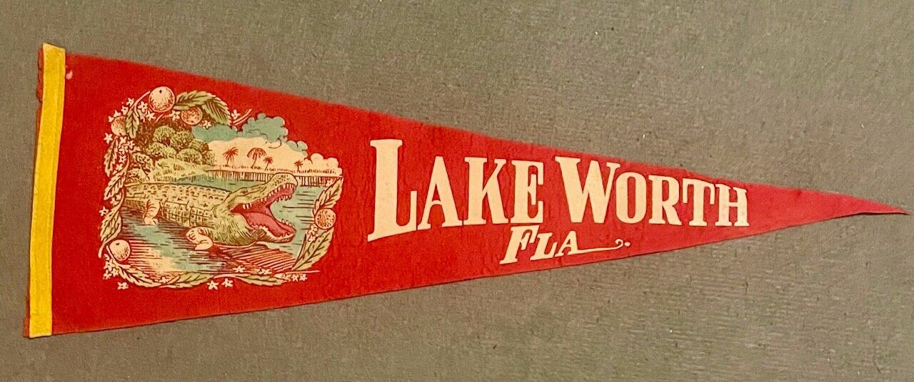 Vintage 1940s Lake Worth Florida Souvenir Felt Pennant Alligator Graphics