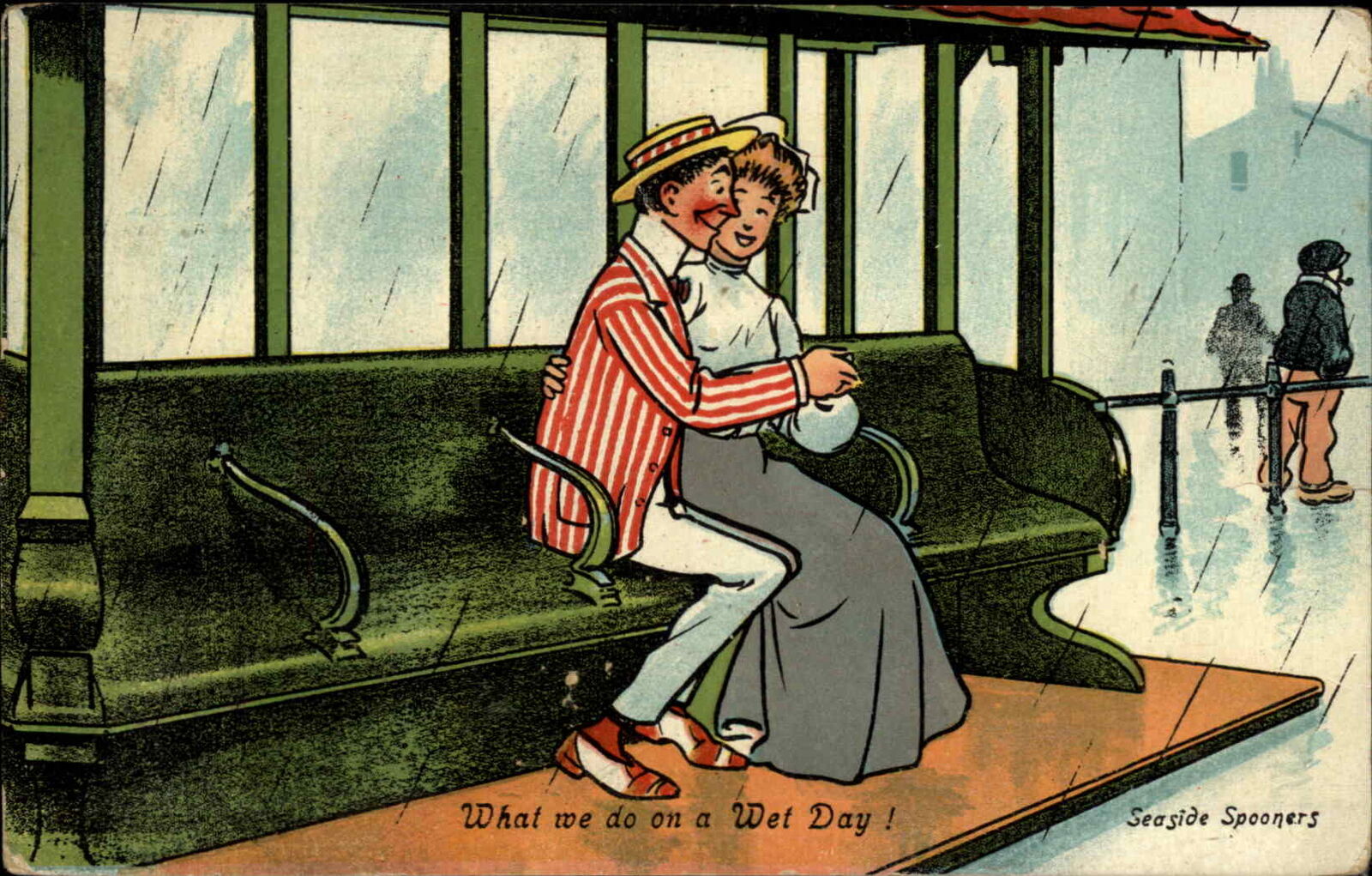 Seaside Spooners Romance Couple Wait at Bus Station c1910 Vintage Postcard
