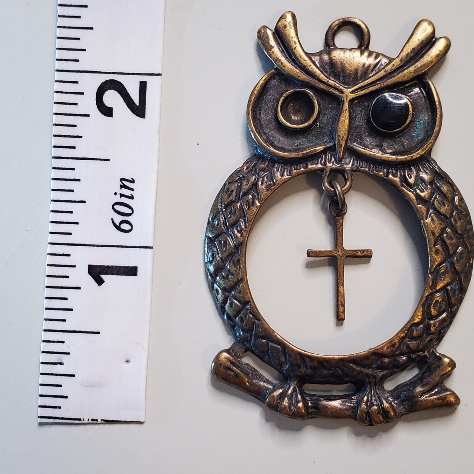 Brass Or Bronze Vintage Owl Pendant With Cross Vintage Holy 2.2\