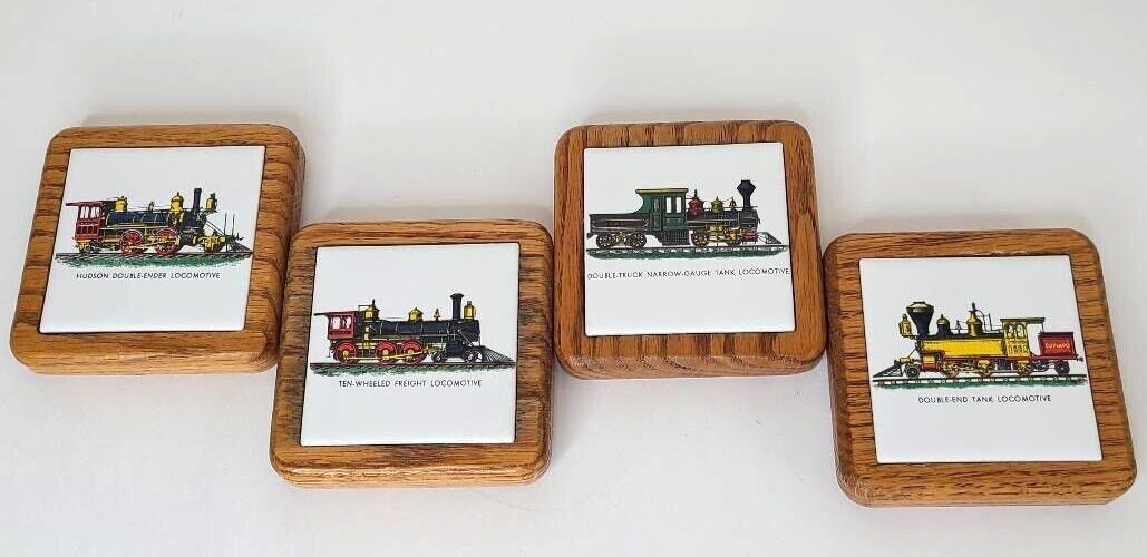 Drink coaster set of 4 railroad train engines tiles with wood trim vintage