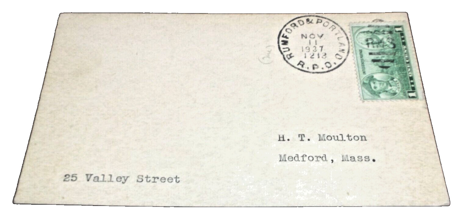 NOVEMBER 1937 MAINE CENTRAL RUMFORD & PORTLAND TRAIN #213 RPO HANDLED POST CARD