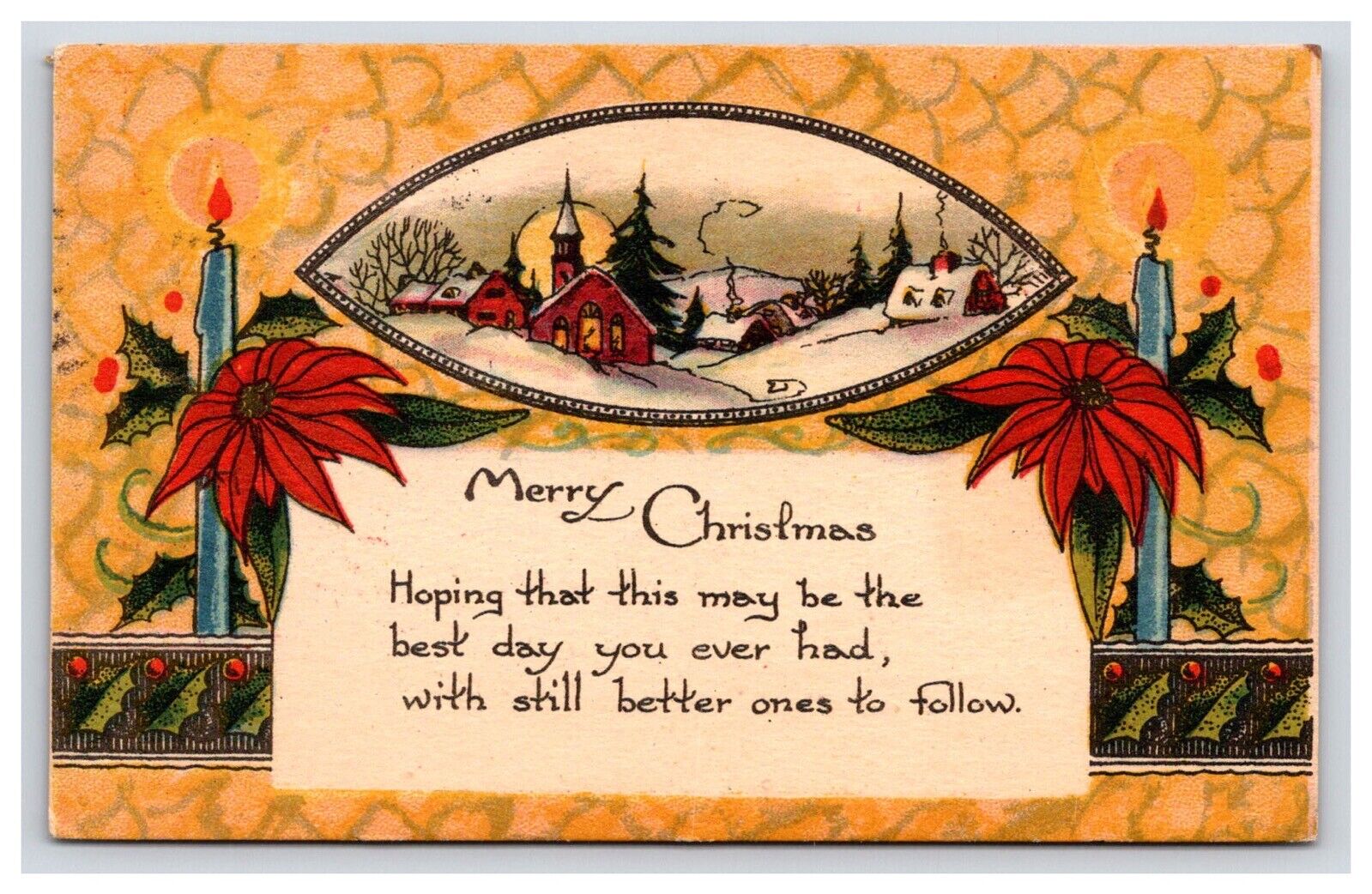 Postcard: Cards: Christmas, 1929 Merry Christmas, Village, Candles - Posted