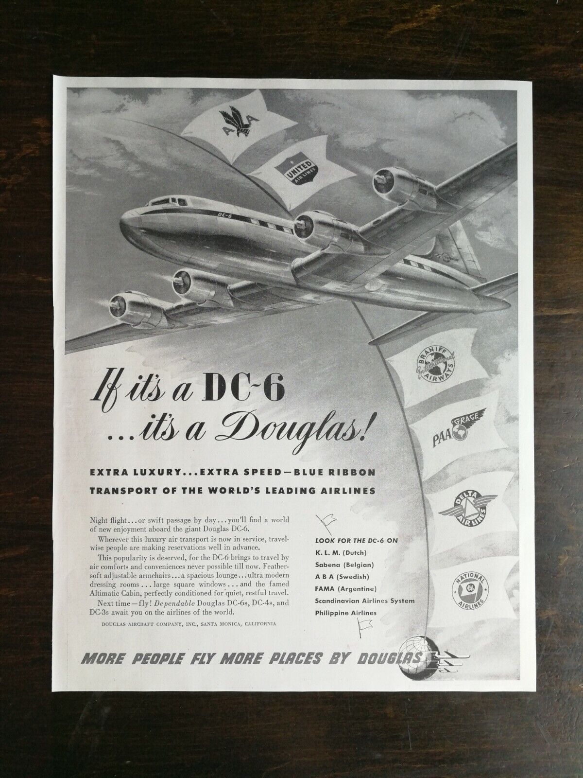 Vintage 1948 Douglas DC-6 Airplane Full Page Ad