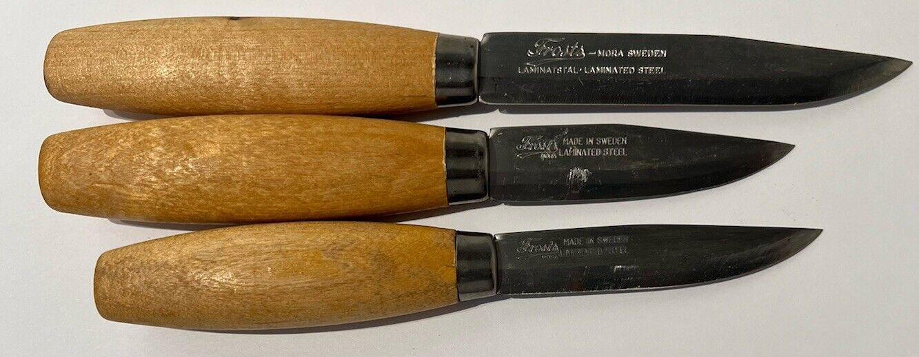 LOT OF 3 FROST MORA SWEDEN Carving Fishing Hunting Knives Laminated Steel