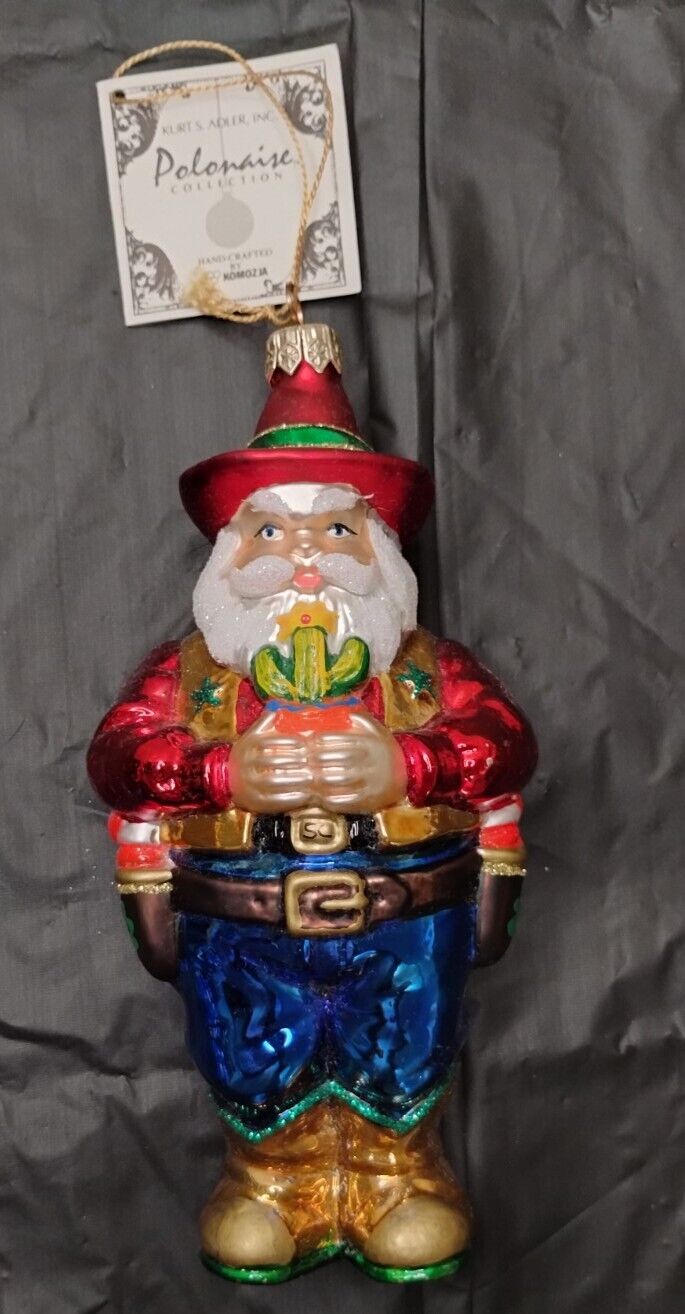Kurt Adler Christmas Santa Western Cowboy Ornament Hand Blown Glass W Tag & Box