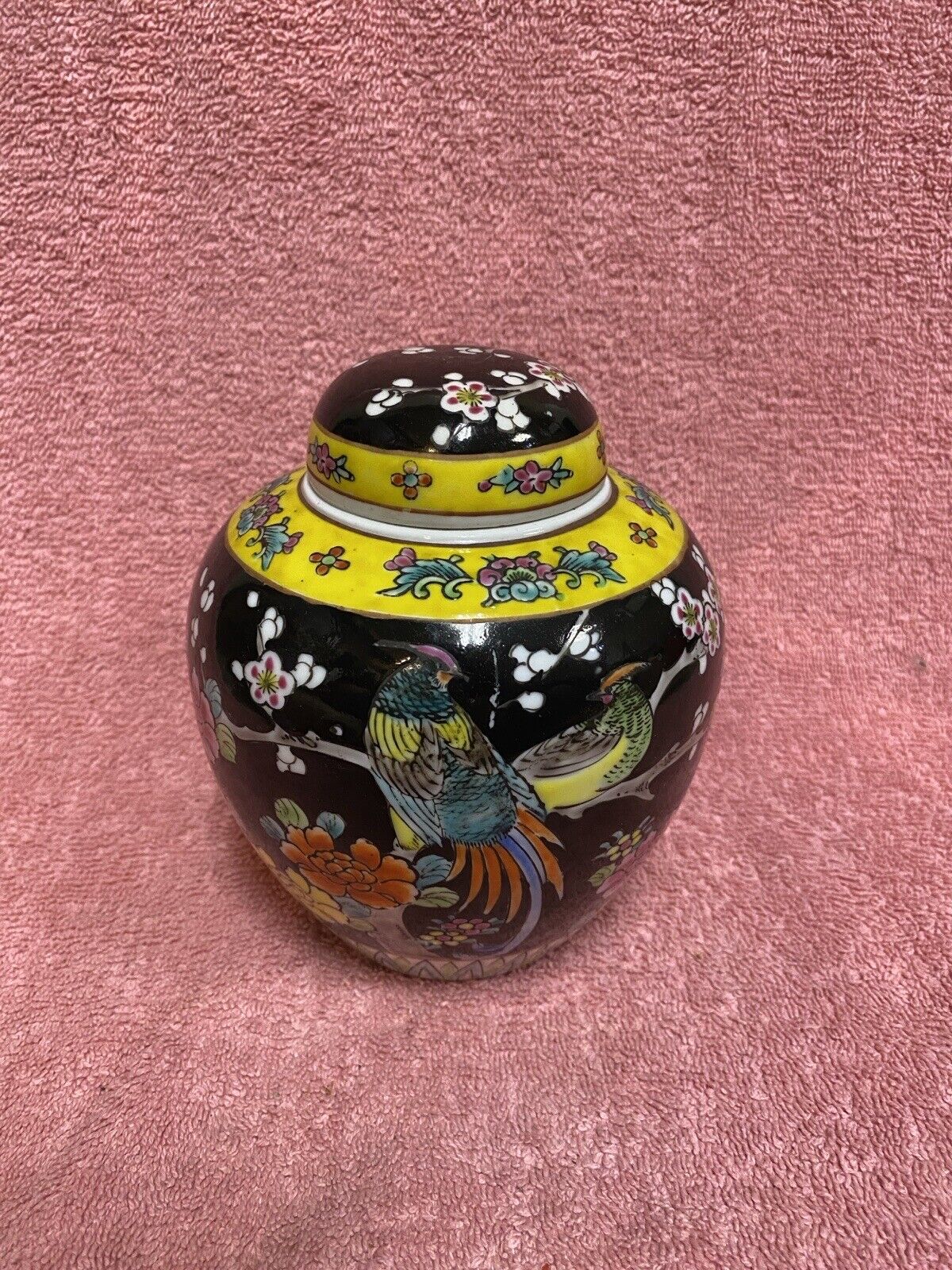 VTG Chinese Hand Painted Pheasant Flowers Porcelain Ginger Jar & Lid Floral Urn
