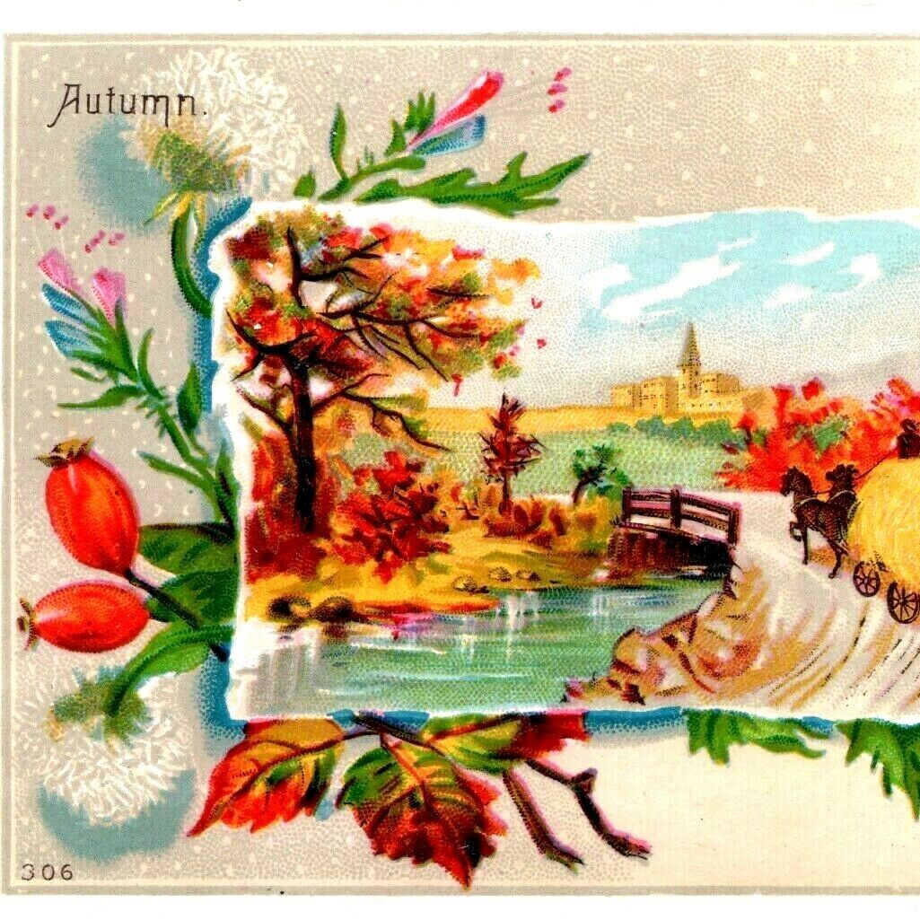 c1880s Autumn Litho Floral Man Haying Trade Card Fall Season Bright Colorful C7