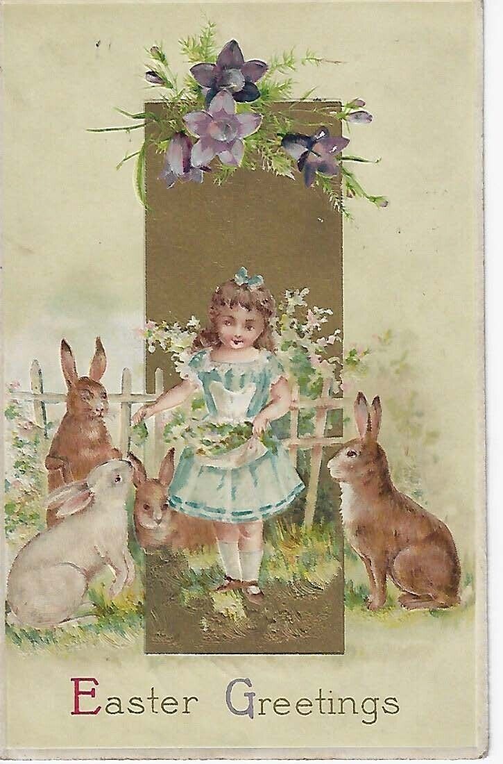 Postcard Easter Greetings Girl Blue Dress feeding Bunny Rabbit