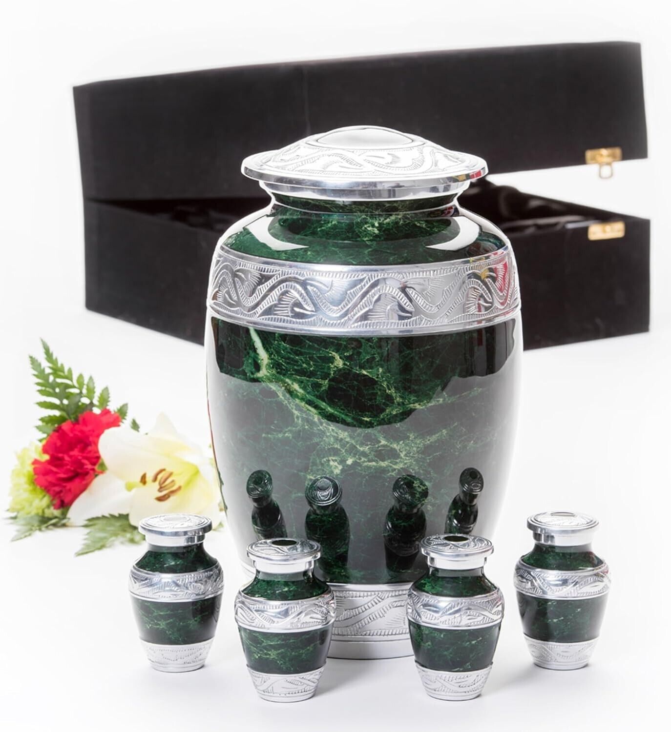 1 Large 4 Mini Green Cremation Ash Keepsake Urns for Adult Human Men or Women