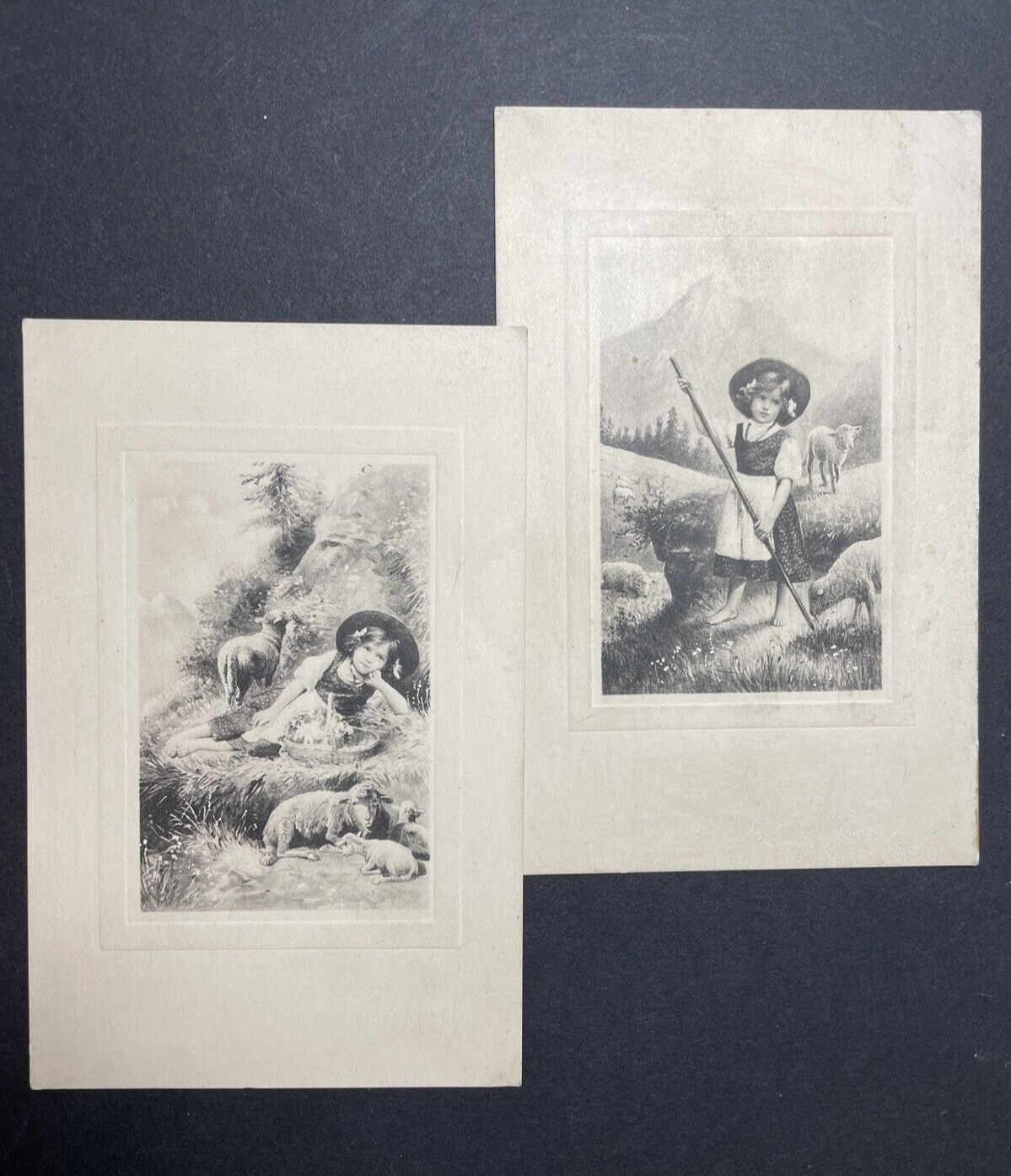 2 Little Shepherd Girls Litho Postcards, 1878 printed in Germany, Art De Vienne