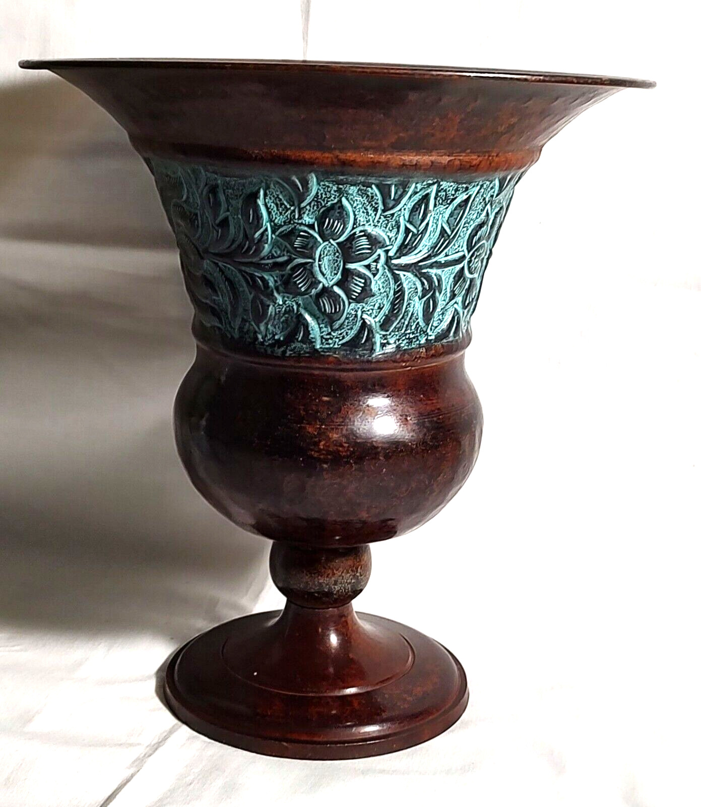 Metal Urn Style Floral Vase with w/ a turquoise and bronze finish Made in India
