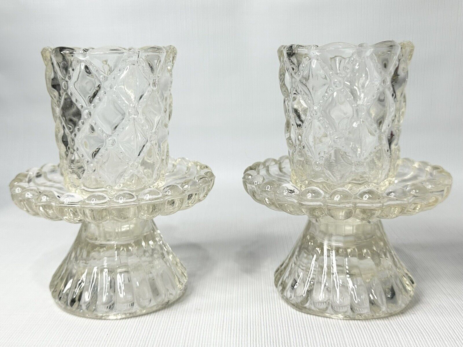Pair of Partylite P9246 Quilted Crystal Clear Votive/Tea Light Candle Holders