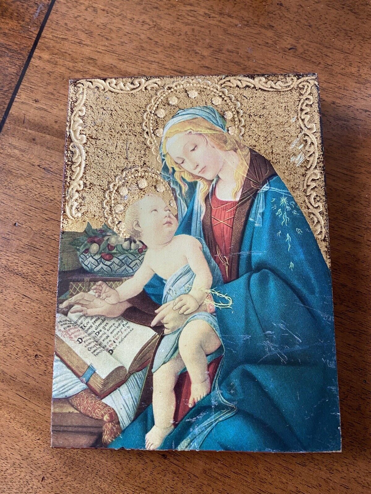 Vintage Florentine Gilt Wood Plaque Botticelli Madonna & Child Christmas Picture