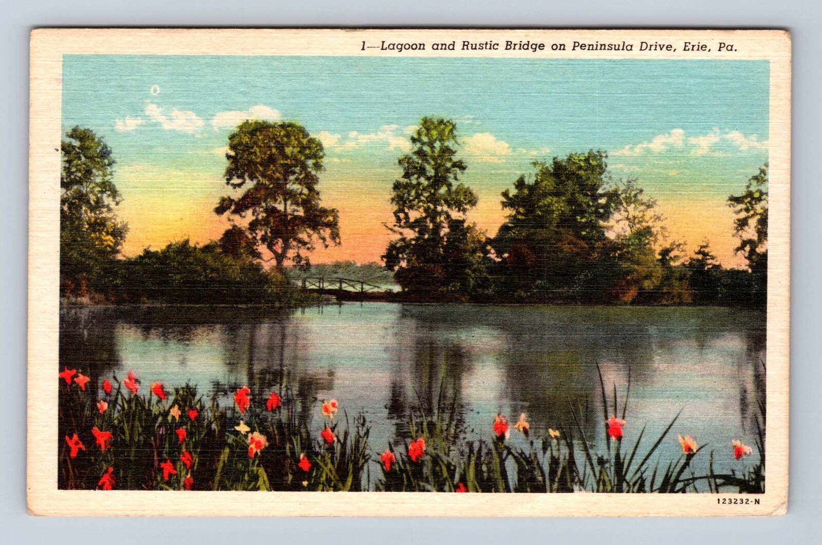 Erie PA-Pennsylvania, Lagoon And Rustic Bridge, Antique, Vintage c1950 Postcard