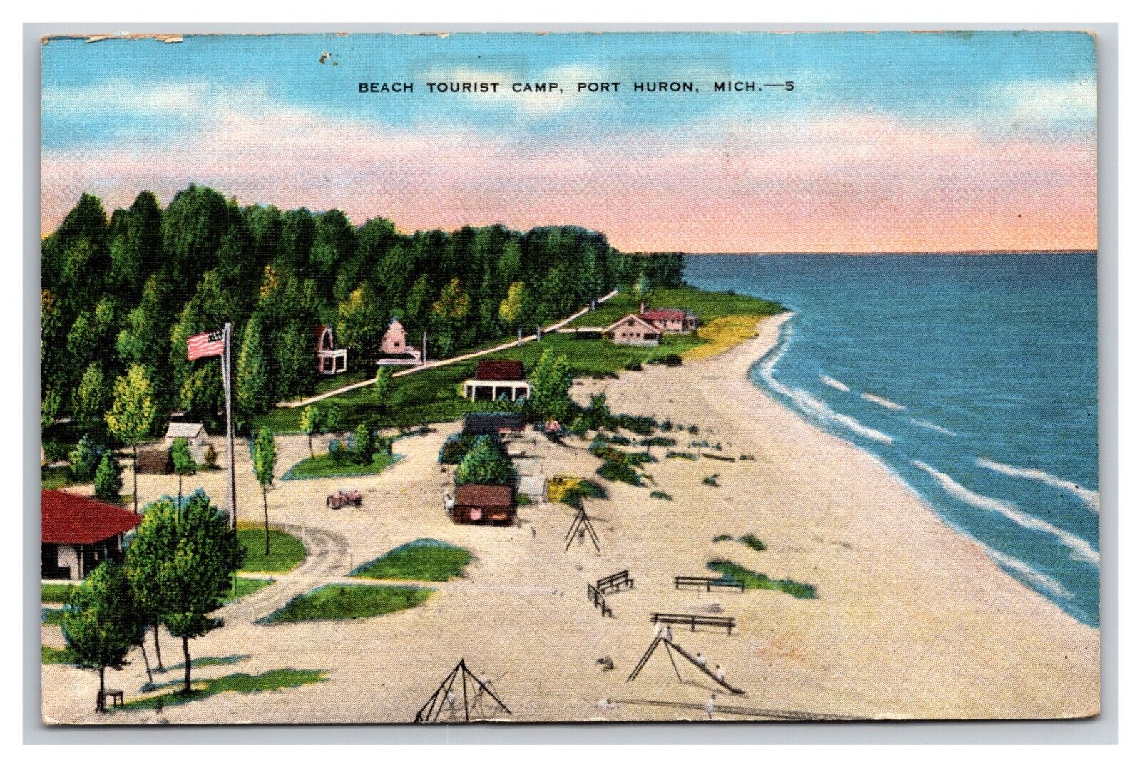 Tourist Camp Beach Port Huron Michigan MI UNP Linen Postcard Z2