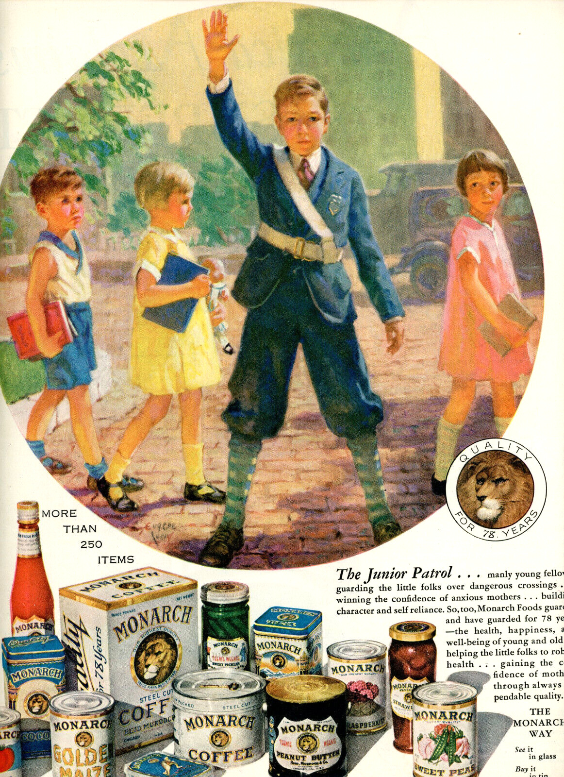 1931 Original Monarch Foods Ad. Eugene Iverd Art. Jr Patrol Crossing Guard Lg Pg
