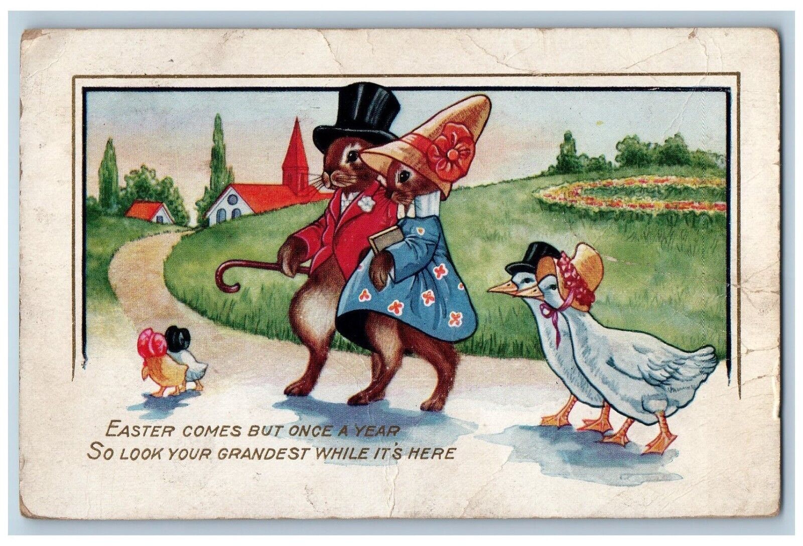1917 Easter Anthropomorphic Rabbit Ducks Walking Ottawa Illinois IL Postcard