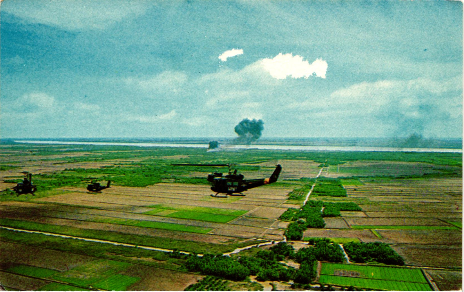 Postcard Vietnam War Four Helicopters in Action Aerial View Explosions Distance