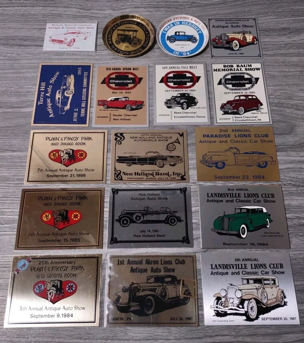 Vintage Lot of 17 Car Show Dash Plaques Emblems 1980's Lancaster County, PA