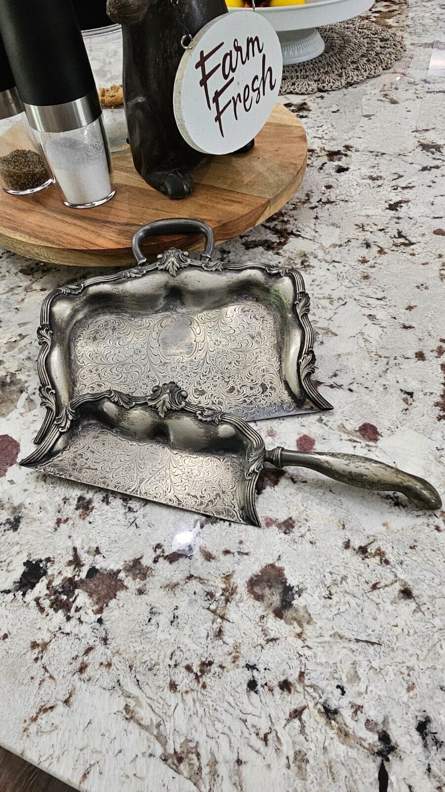 ANTIQUE FORBES 106 PEWTER DUST PAN AND CRUMBER