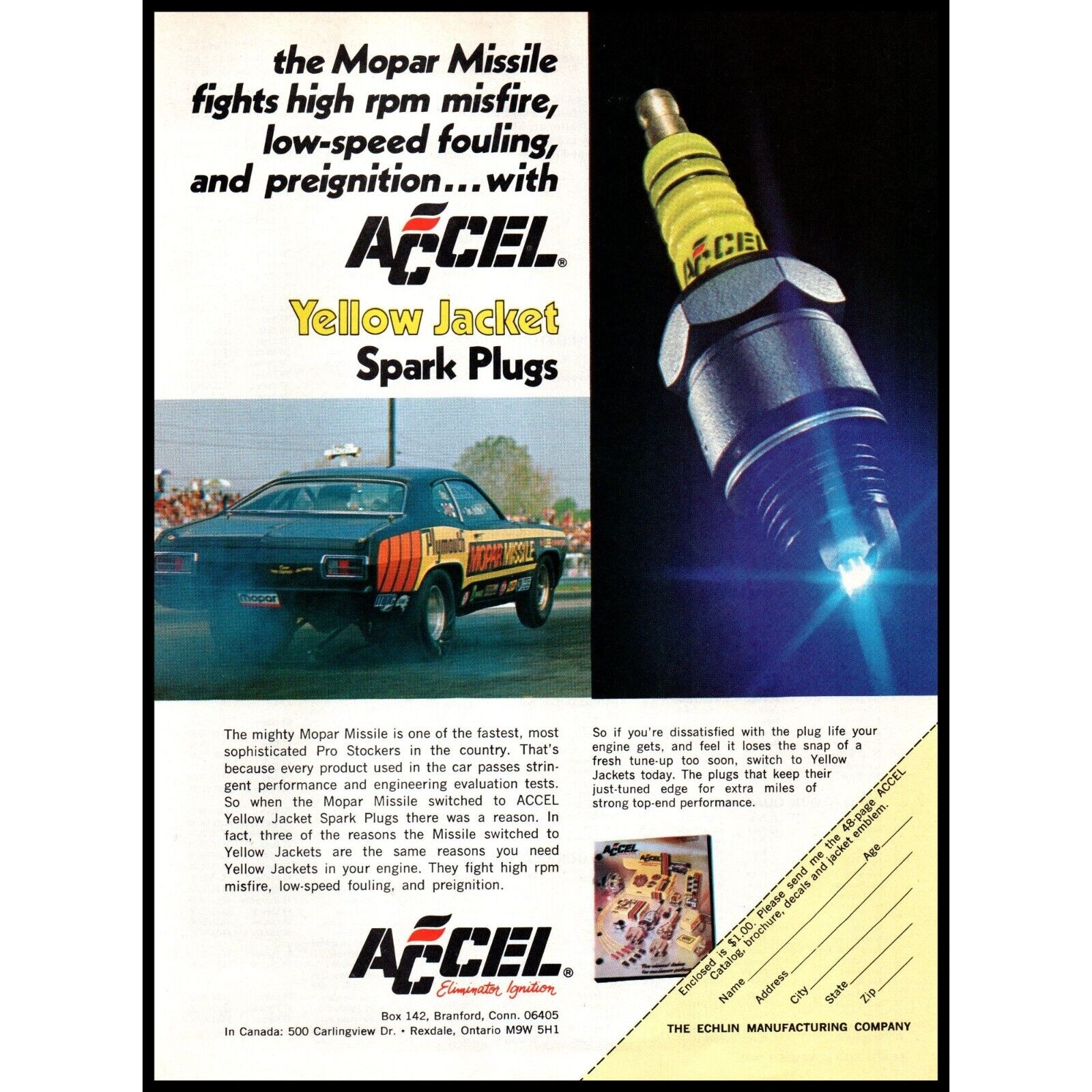 1973 Accel Yellow Jacket Spark Plugs Vintage Print Ad Mopar Missile Wall Art