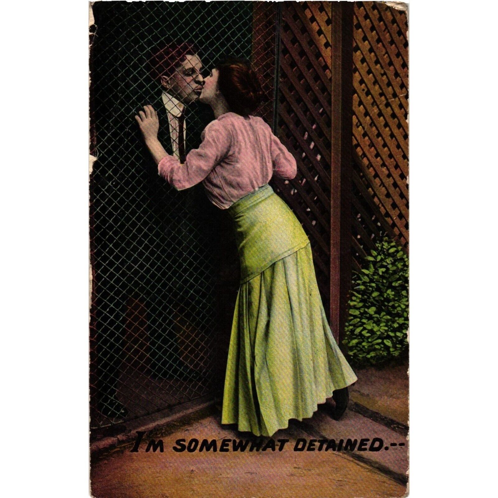 I\'m Somewhat Detained Kissing at the Gate Romantic Postcard Posted 1917(?)