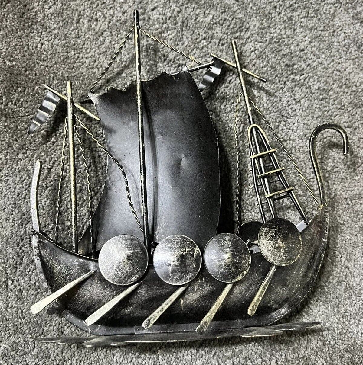 Vintage Napco Metal Tin Sailing Nordic Viking Ship Nautical Figure 10” X 10”