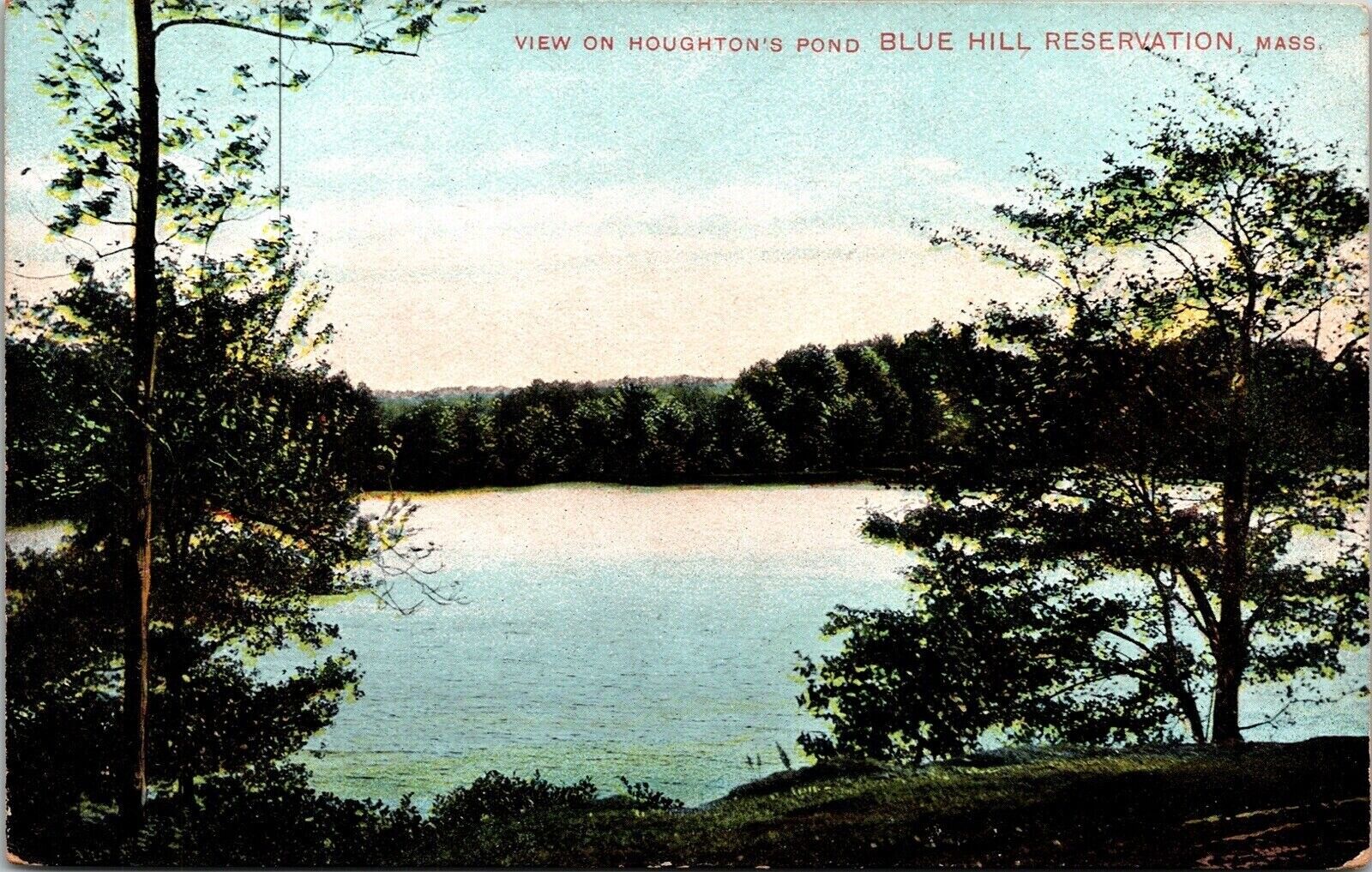 View Houghton Pond Blue Hill Reservation Massachusetts MA Antique Postcard DB