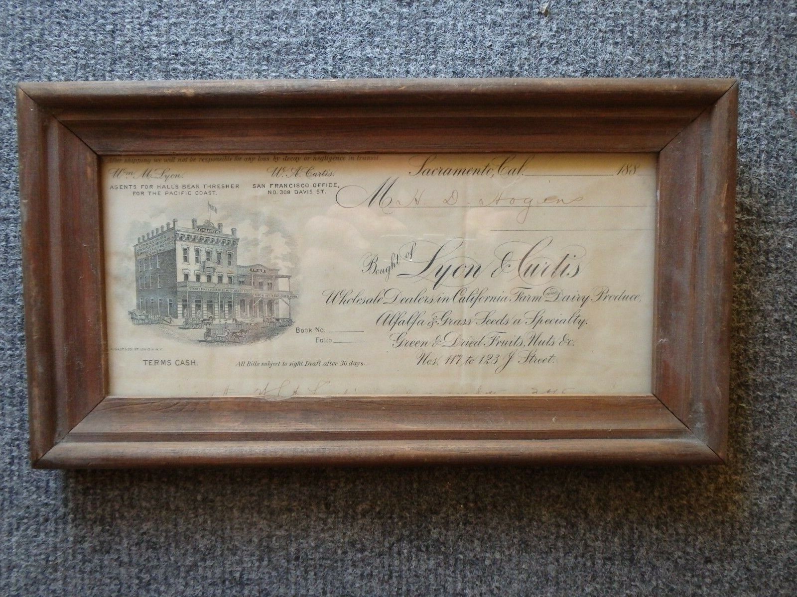 Lyon & Curtis. 1880\'s Business document. Framed. Antique. Very Unusual.