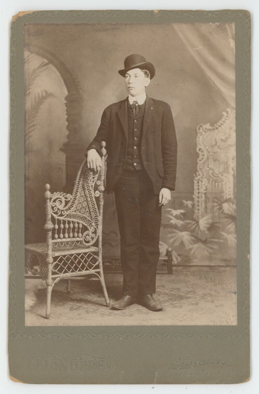 Antique c1880s Cabinet Card Handsome Young Man With Stylish Hat Pottsville, PA