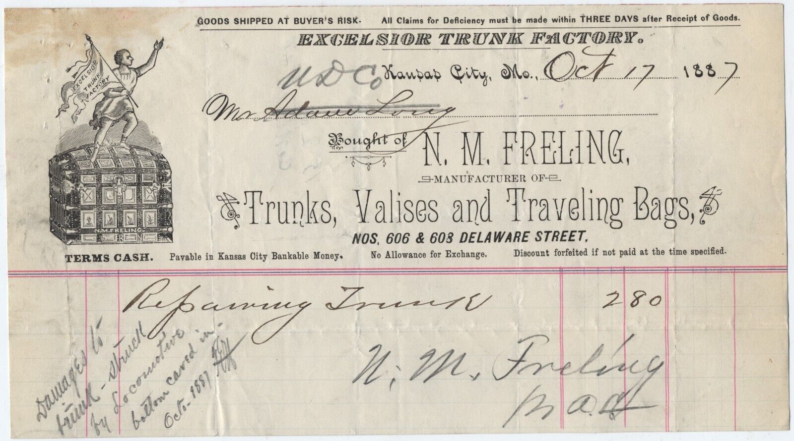 1887 BILLHEAD KANSAS CITY MISSOURI, N M FREILING TRUNKS VALISES & TRAVEL BAGS