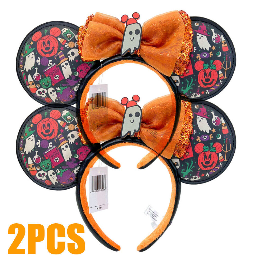 2PCS DisneyParks Happy Halloween Minnie Ghost Sequin Bow Pumpkin Headband Ears