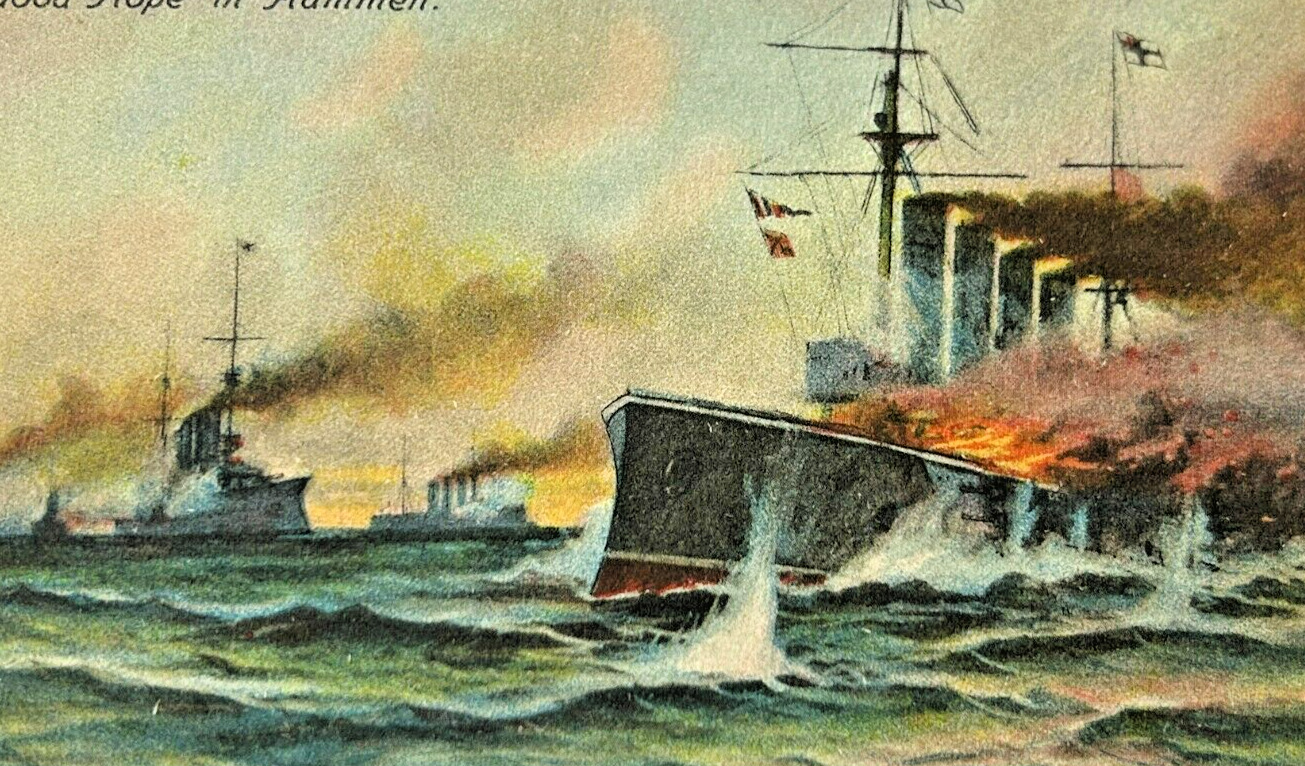 HMS Good Hope in Flames Royal Navy Vintage Postcard WWI Era Rare Art