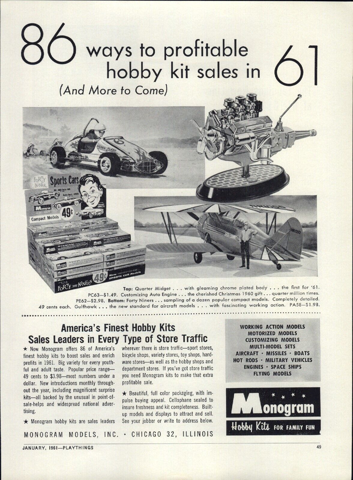 1961 PAPER AD Monogram Model Hobby Kit Display Airplane Sports Car Lionel Trains