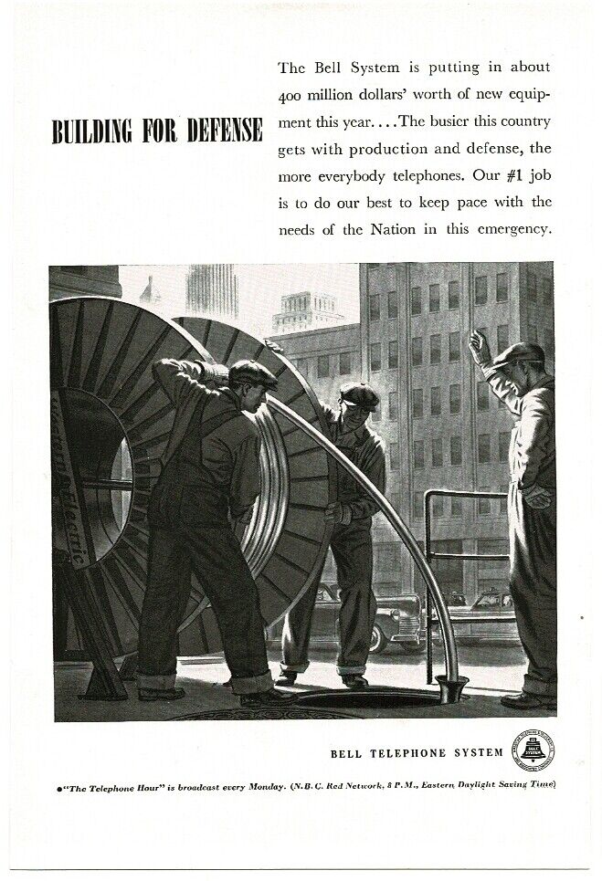 1941 Bell Telephone linemen installing new cable Vintage print ad