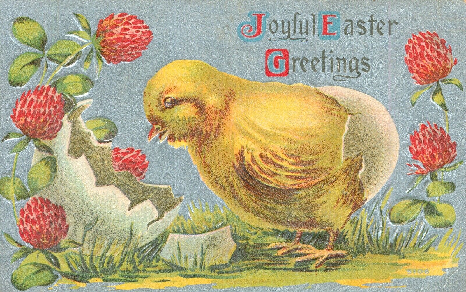 1910 EMBOSSED Antique POSTCARD Adorable CHIC with Shell Joyful EASTER Greetings