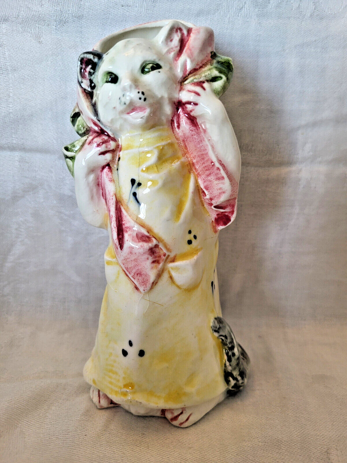 Antique Majolica spill vase anthropomorphic cat kitten with clothing *READ*