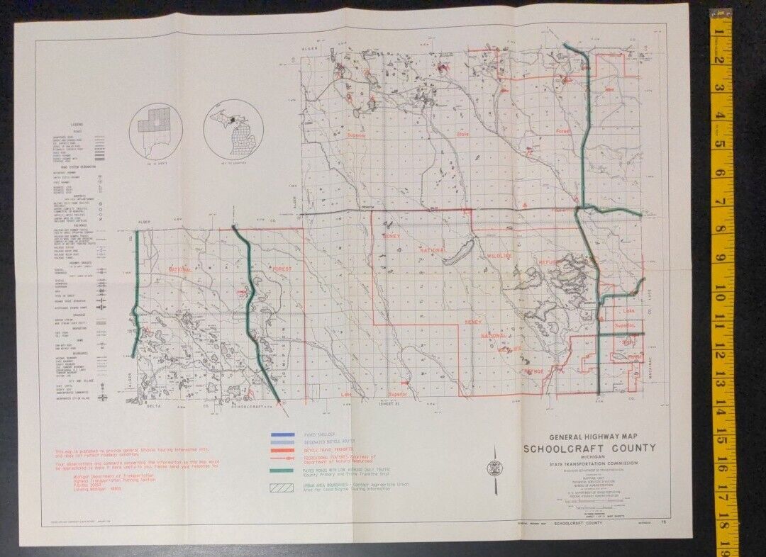 Schoolcraft County Michigan General Highway Map Vintage 1978 Manistique 