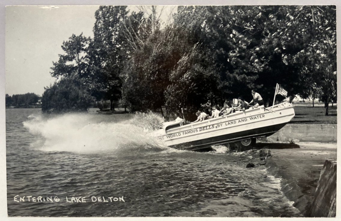 RPPC Entering Lake Delton, Boat, Wisconsin Dells, WI Vintage Photo Postcard