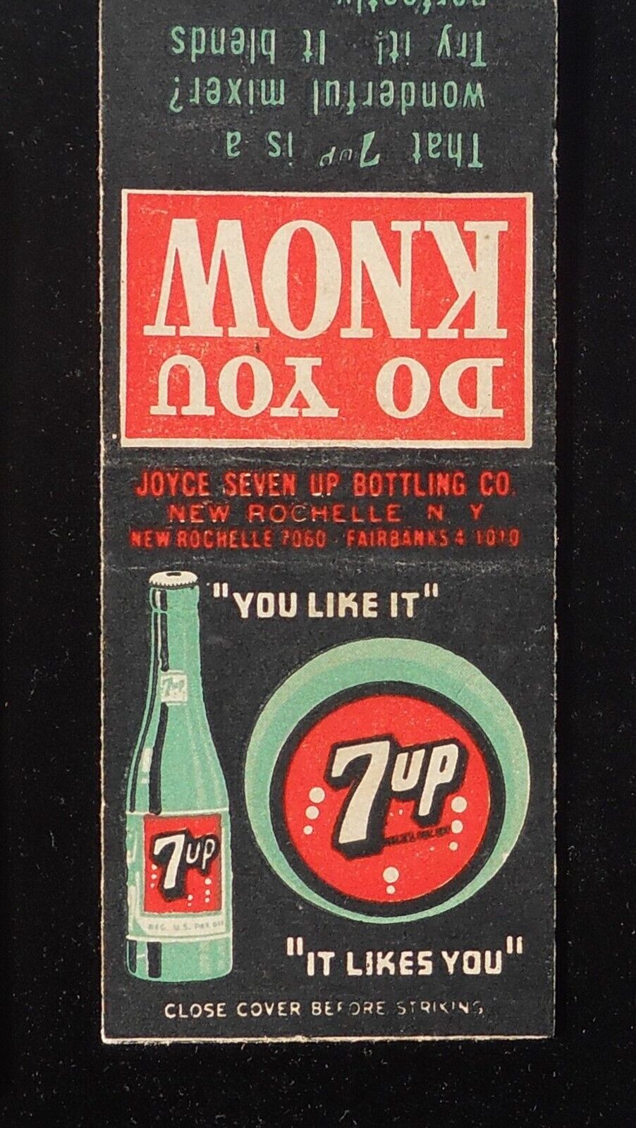 1930s? 7up Wonderful Mixer Joyce Seven Up Bottling Soda Bottle New Rochelle NY