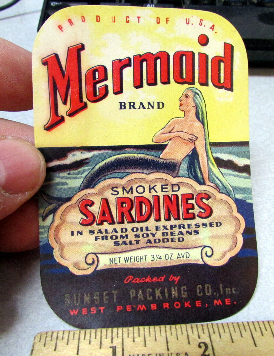 Vintage Original Label, 1940s Mermaid Brand Sardine can label, great graphics