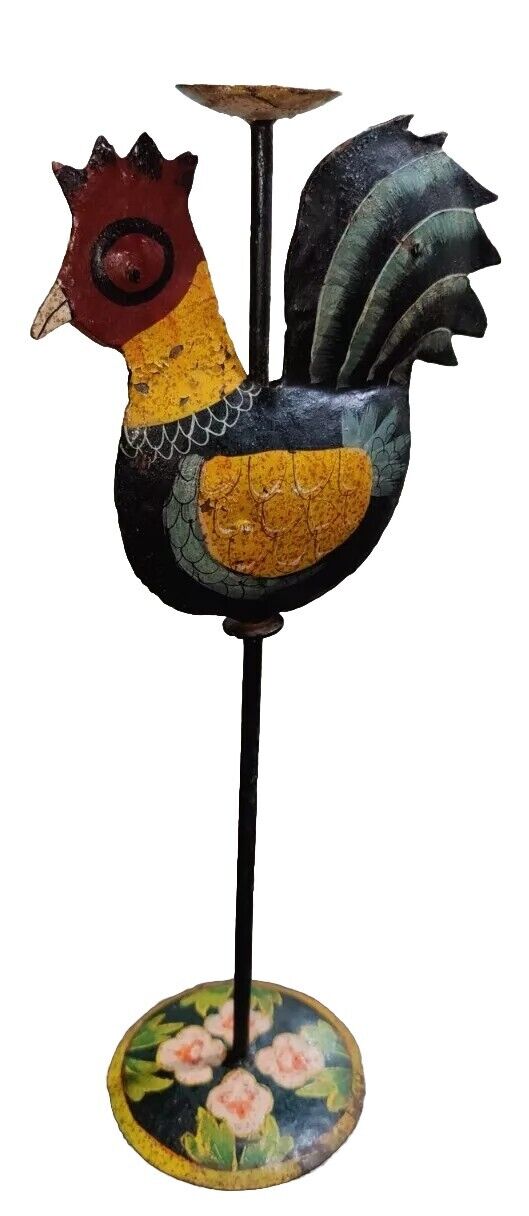 Primative Metal Chicken Candle Holder Tall Rustic Farmhouse Country Folk Art 