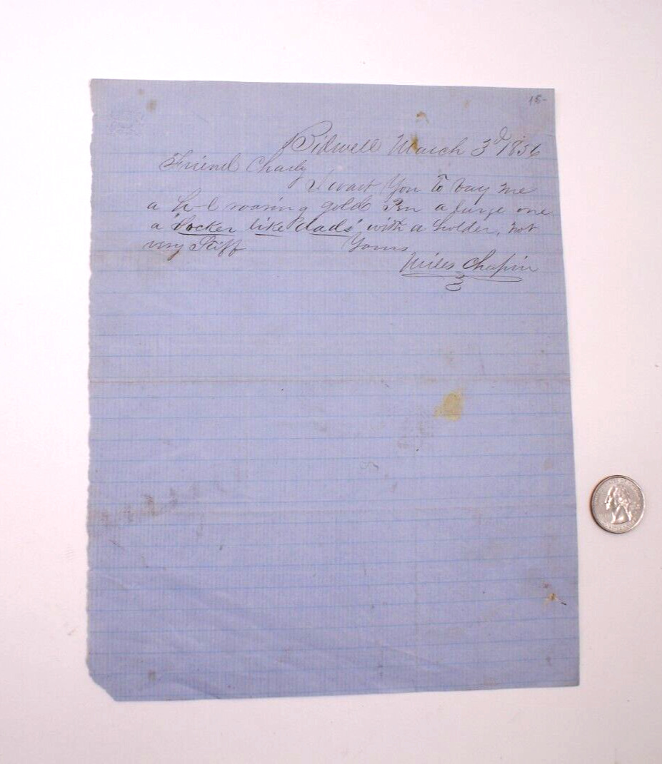 1856 LETTER frm MILES CHAPIN BIDWELL BUTTE COUNTY CLERK CALIFORNIA ORIG GOLD PEN