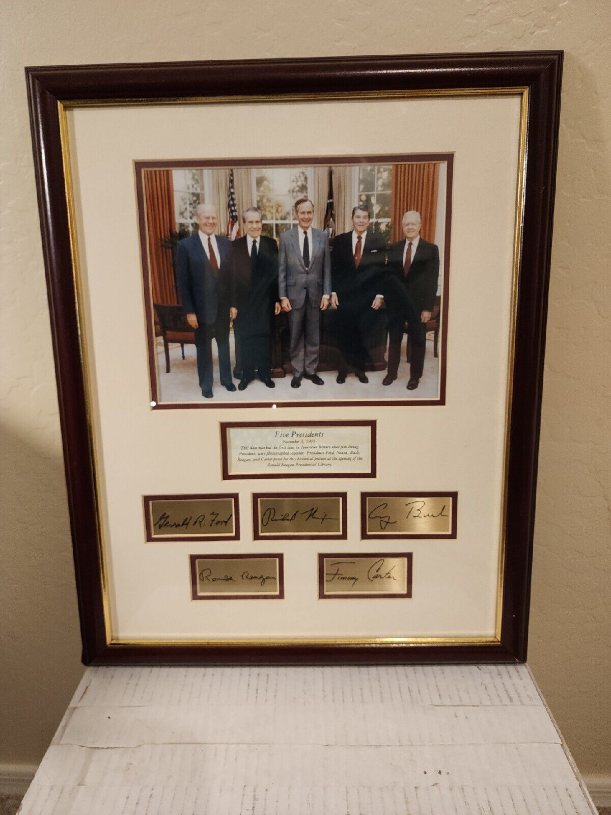 5 Presidents 1991 Autographed Framed Photo Nixon, Bush, Reagan, Ford, Carter J