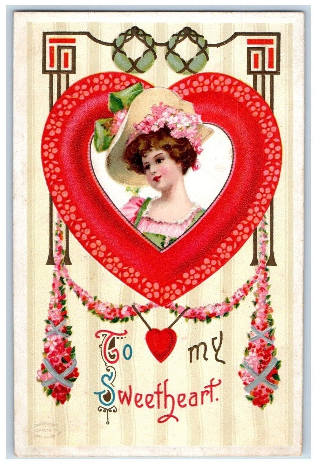 c1910\'s Valentine Giant Heart Pretty Girl Big Hat Pansies Flowers Postcard