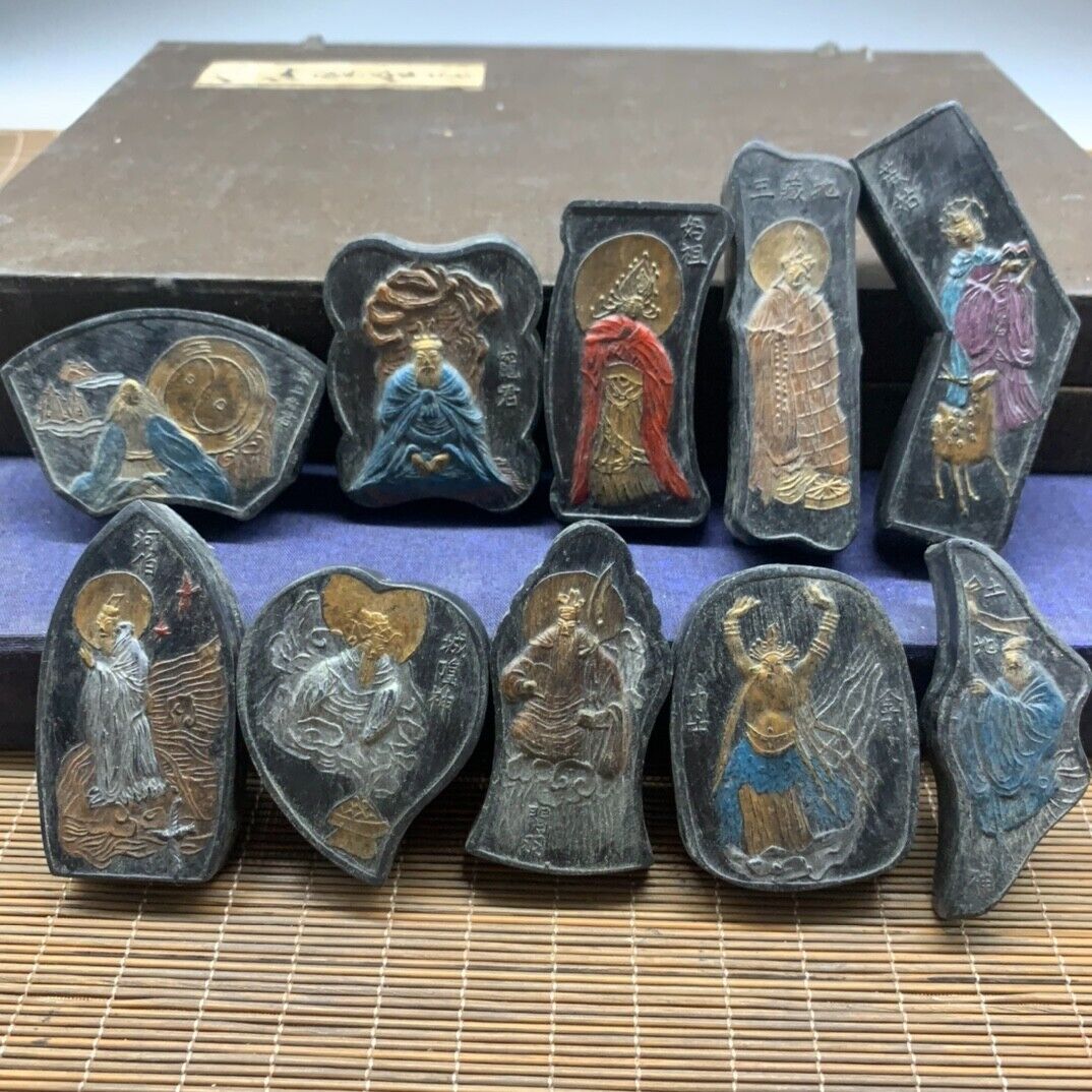 A set 10pcs Chinese Ancient Ink block carved god immortals statue Ink Stick+box