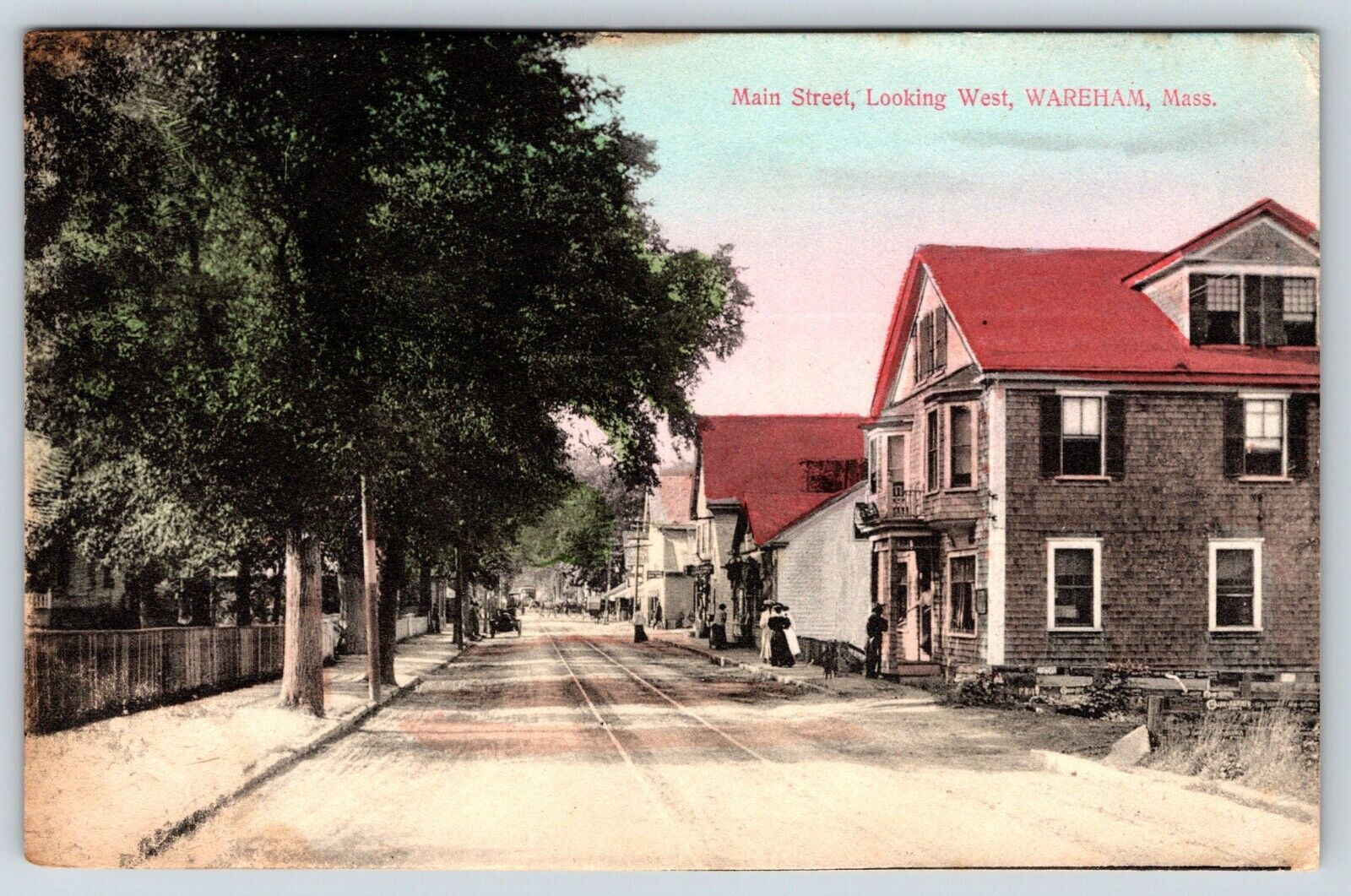 Postcard Main Street Looking West Wareham Mass Street View Car on Left