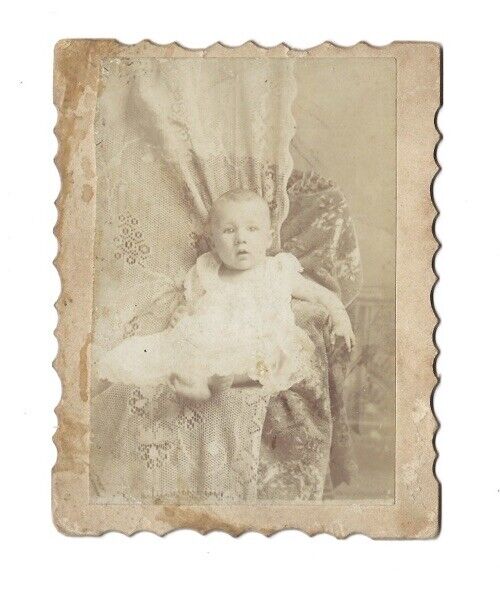 c1890s Cute Baby Boy White Gown Chair Card Antique Victorian