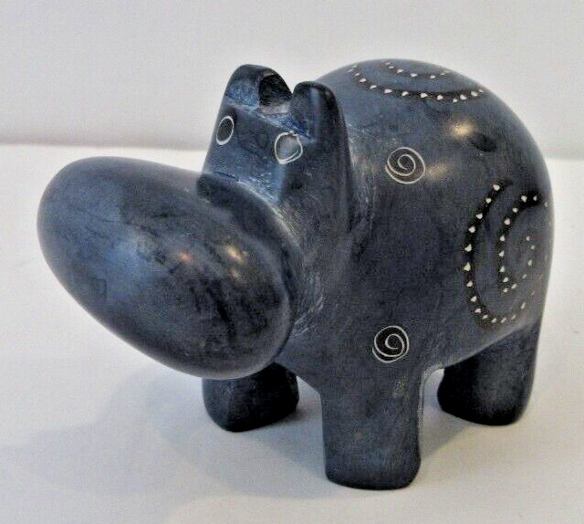 Hand Carved Soapstone Blue Smokey Gray Hippopotamus Hippo Figurine Safari Animal